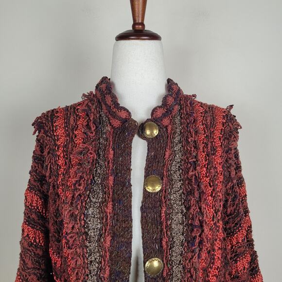 VTG Colleen Toland Sweater Small Red Multicolor Hand Knit Artsy Cardigan Open - Picture 2 of 9